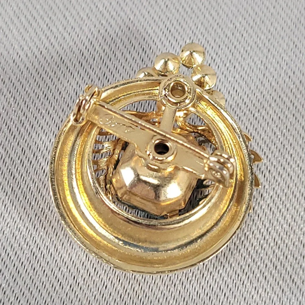 Coro Brooch‎ Gold Blue Rhinestone Faux Pearl MCM Floral Pin Jewelry
